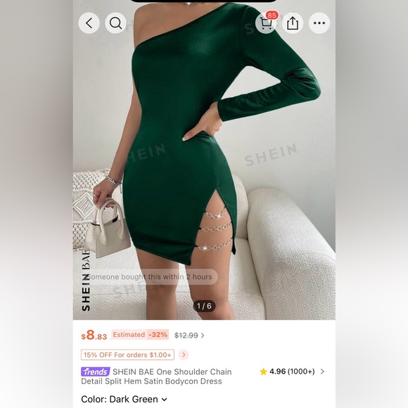 SHEIN One Shoulder Green Bodycon Dress - Picture 6 of 6